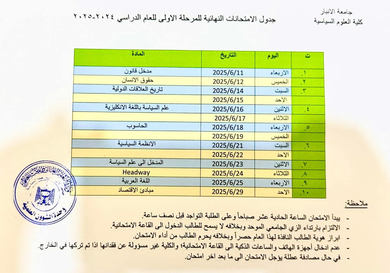 جدول الامتحانات النهائية للمرحلة الاولى 